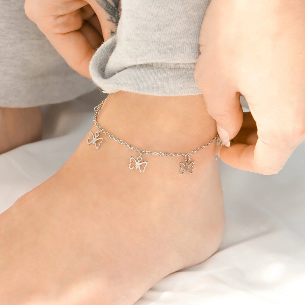 Silver Butterfly Anklet - Waterproof, Tarnish-free, Hypoallergenic - Summer Luxe - Picture 2 of 4